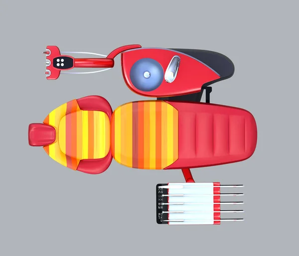 Вид зверху на металевий червоний стоматологічний агрегат обладнання з барвистим стільцем, матове скло перегородки — стокове фото