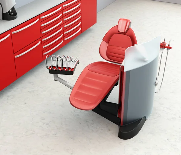 Dental office interior with metallic red unit equipment and cabinet — Stock Photo, Image