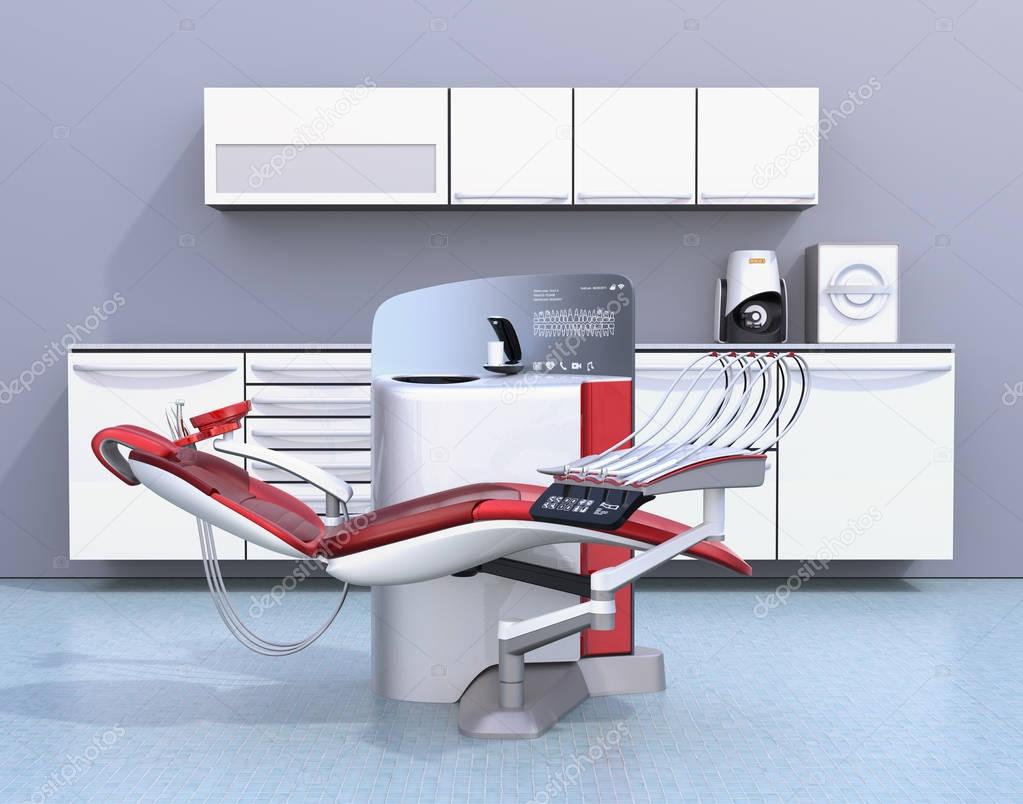 Dental office interior with white unit equipment, cabinet and red chair