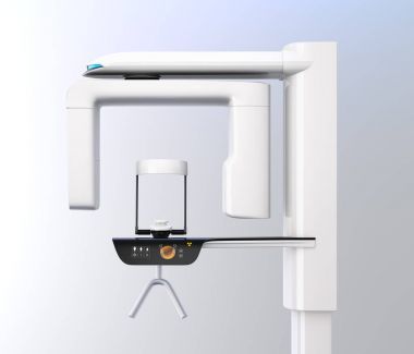 Degrade arka plan üzerinde izole diş röntgen cihazı yan görünüm