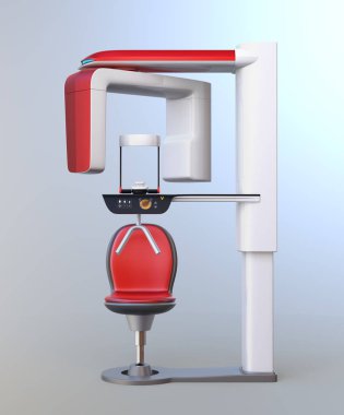 Diş 3d röntgen cihazı ile hasta sandalye üzerinde gradyan arka plan izole
