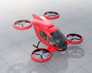 Red self-driving passenger drone landing on the ground clipart