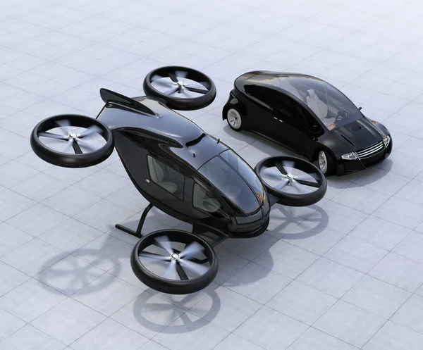 Self-driving car and passenger drone parking on the ground — Stock Photo, Image