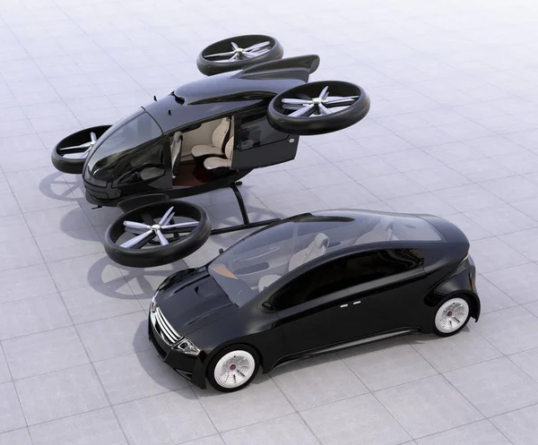 Self-driving car and passenger drone parking on the ground — Stock Photo, Image