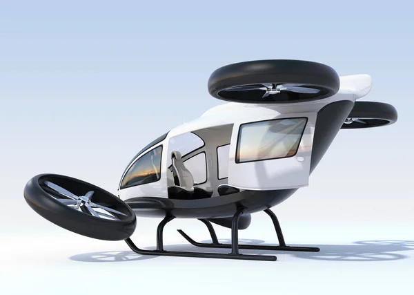 Achteraanzicht van witte zelf-rijdende personenauto drone landing op de grond, linker cabine deur geopend — Stockfoto