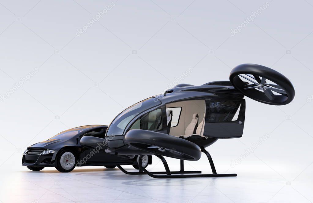 Self-driving car and passenger drone parking on the ground