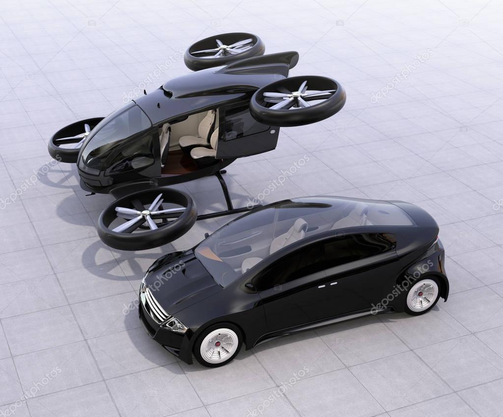 Self-driving car and passenger drone parking on the ground