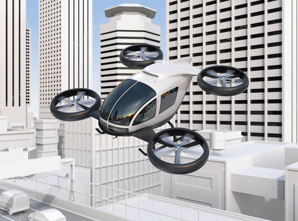 Self-driving passenger drone flying over a highway bridge which in heavy traffic jam