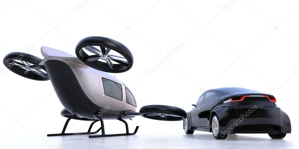 Rear view of self-driving car and passenger drone parking on the ground