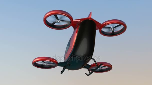 Drone rojo metálico de pasajeros autónomos volando en el cielo — Vídeos de Stock