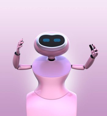 İnsansı robot, pembe arka plan izole önden görünümü.