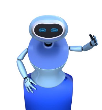 Beyaz arka plan üzerinde izole mavi insansı robot önden görünümü