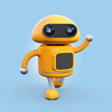 Üzerinde mavi arka plan izole sağ elini sallayarak şirin turuncu robot