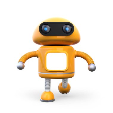 Beyaz arka plan üzerinde izole şirin turuncu robot önden görünümü