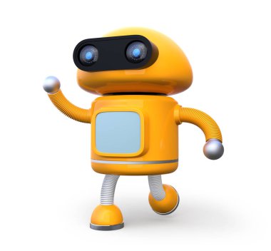 Beyaz arka plan üzerinde izole sağ elini sallayarak şirin turuncu robot