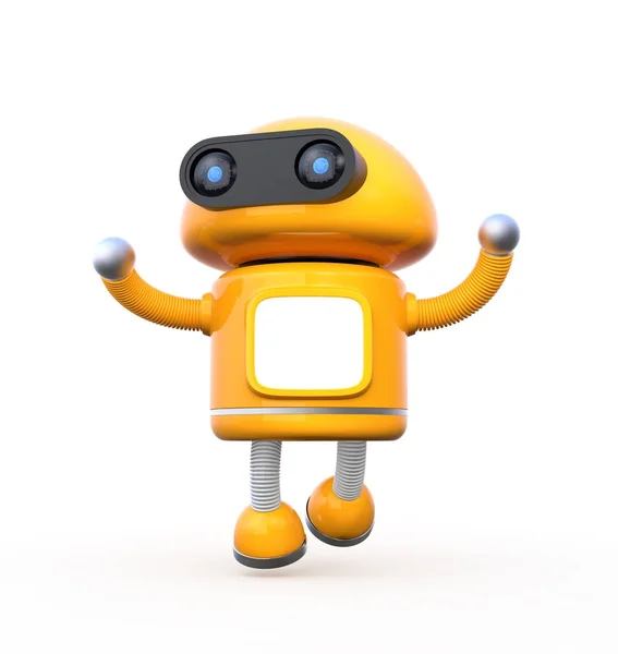 Cute orange robot with blank monitor is dancing on white background — Stock Photo, Image