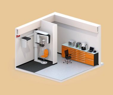 Isometric view of dental clinic interior with Con-Beam CT and CADCAM system clipart