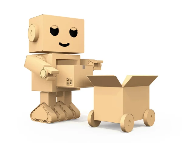 Cute Cardboard Robot carrying parcel to cardboard truck — Stock Photo, Image