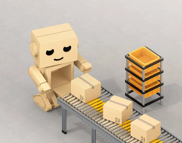 Isometric view of Cute Cardboard Robot picking up cardboard parcel