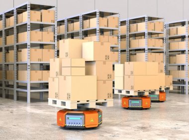 Modern ambar mal ile paletleri taşıyan turuncu robot taşıyıcıları