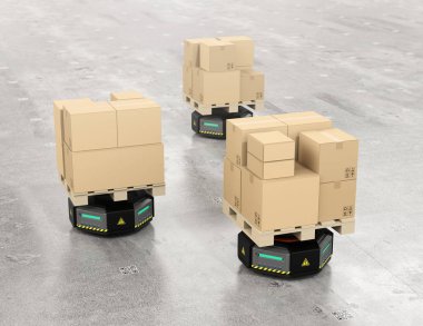 Karton kutular taşıyan siyah depo robot taşıyıcıları