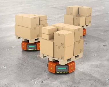 Turuncu ambar robot taşıyıcıları karton kutular taşıma
