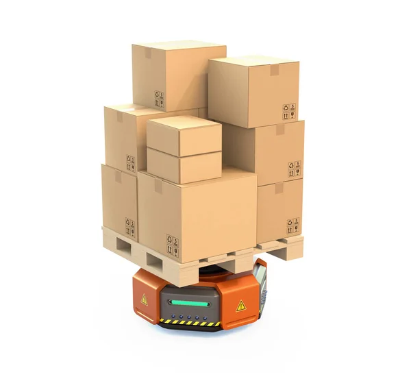 Orange warehouse robot carrying cardboard boxes on white background — Stock Photo, Image