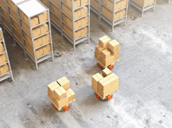Orange robot carriers carrying pallets with goods in modern warehouse — Stock Photo, Image