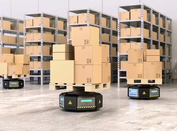 Schwarze Roboterträger, die Paletten mit Waren in ein modernes Lager tragen — Stockfoto