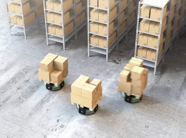 Trasportatori robot neri che trasportano pallet con merci in magazzino moderno — Foto Stock