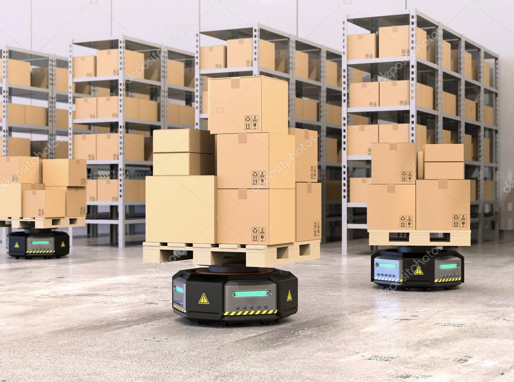 Black robot carriers carrying pallets with goods in modern warehouse
