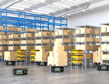 Modern depo malları taşıyan siyah robot taşıyıcıları