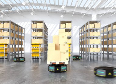 Modern depo malları taşıyan siyah robot taşıyıcıları