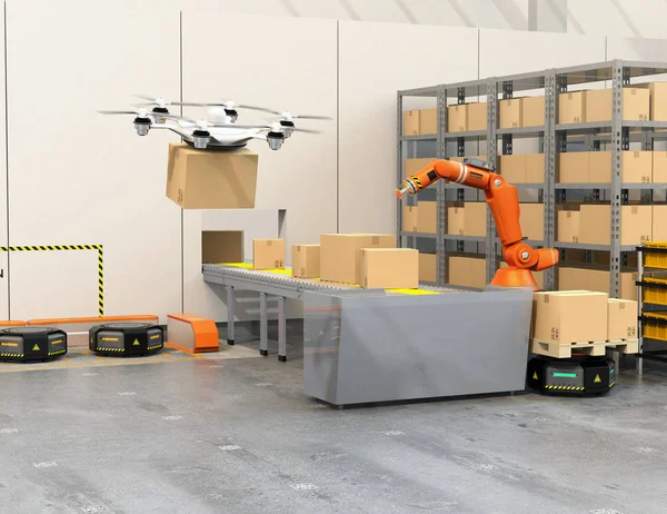 Moderna lager utrustade med robotarm, drone och robot bärare — Stockfoto