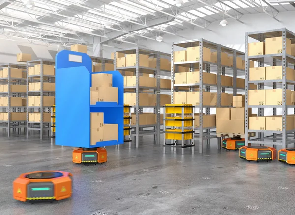 Πορτοκαλί ρομπότ μεταφορείς που μεταφέρουν εμπορεύματα στις σύγχρονες αποθήκες — Φωτογραφία Αρχείου