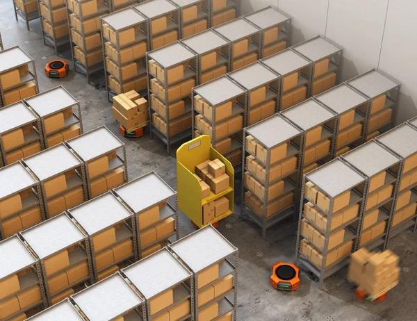 Orange robot carriers carrying goods in modern warehouse