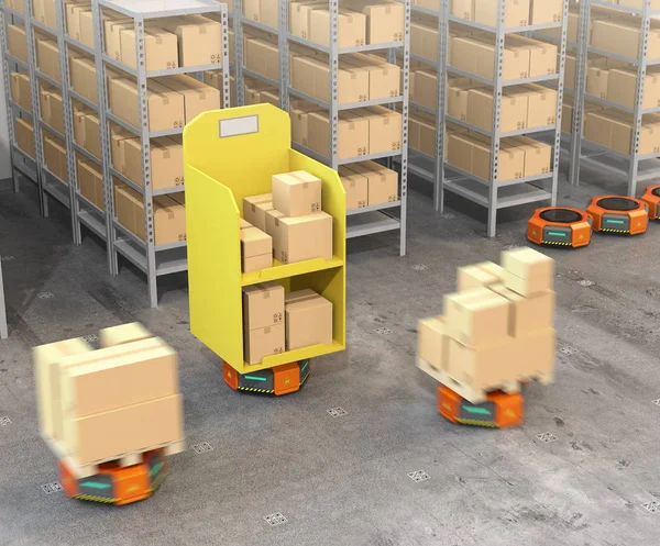 Оранжевые роботы перевозят товары на современном складе — стоковое фото