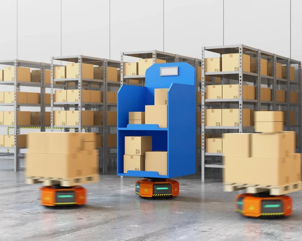 Orange robot lufttrafikföretag transporterar gods i moderna lager — Stockfoto