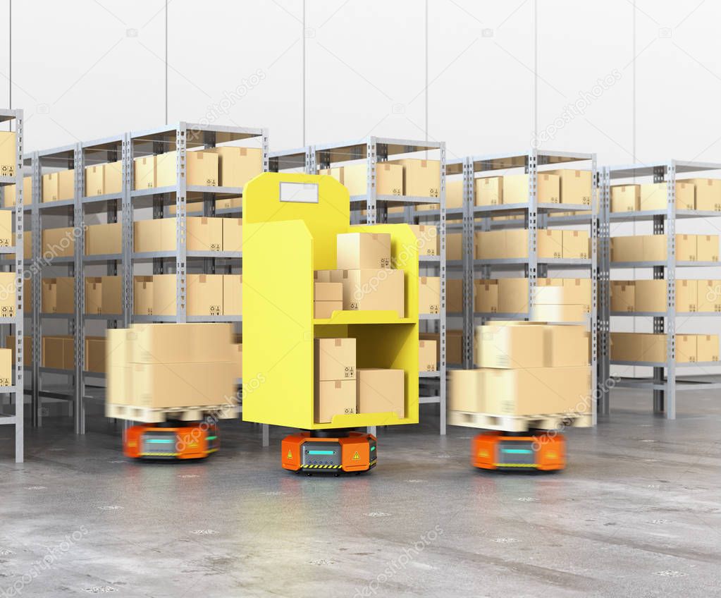 Orange robot carriers carrying goods in modern warehouse