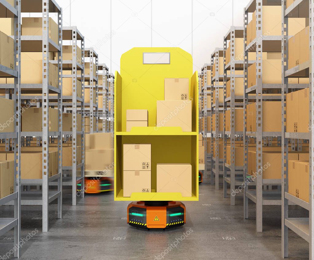 Front view of orange robot carriers carrying goods in modern warehouse