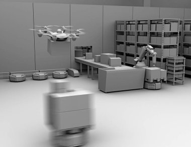 Kil robot kol, uçak ve robot taşıyıcı ile donatılmış modern ambarının işleme