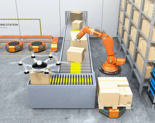 Modern warehouse equipped with robotic arm, drone and robot carriers