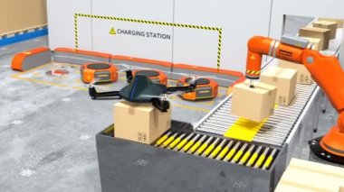 Uçak teslim ürünler modern depoda. Robot taşıyıcıları için parsel toplama robot kol. Modern teslim Merkezi kavramı. 3D render animasyon.