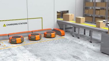 Modern ambar taşıyıcıları robot kol, uçak ve robot ile donatılmıştır. Modern teslim Merkezi kavramı. 3D render animasyon.