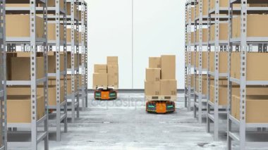 Turuncu robot modern depo malları taşıyan uçak gemisi. Modern teslim Merkezi kavramı. 3D render animasyon.
