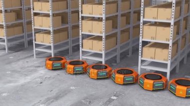 Turuncu robot modern depo malları taşıyan uçak gemisi. Modern teslim Merkezi kavramı. 3D render animasyon.