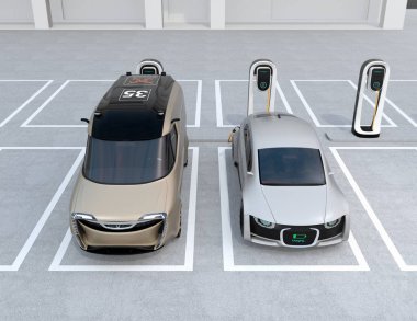Elektrikli sedan ve minivan şarj istasyonu şarj önden görünümü. 3D render resim.