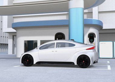 Elektrikli sedan şarj istasyonu şarj yan görünüm. 3D render resim.