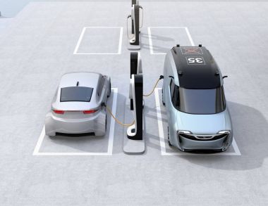 Şarj istasyonu şarj elektrik teslim minivan ve gümüş sedan. 3D render resim.