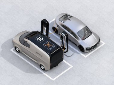 İzometrik görünümü şarj istasyonu şarj elektrik teslim minivan ve gümüş Sedan. 3D render resim.